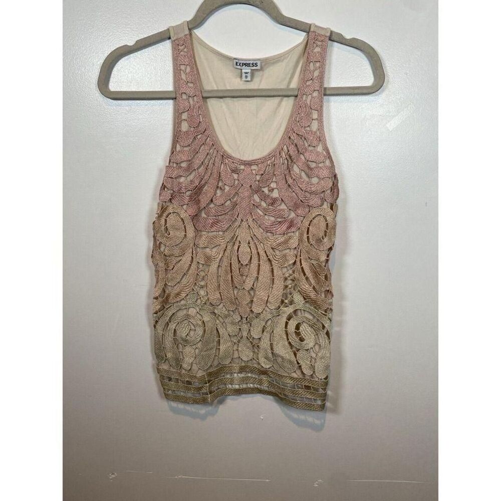 Express Shimmer Embroidered Pink Tan Scroll Lace Layered Tank Top XS Y2K‎ 00